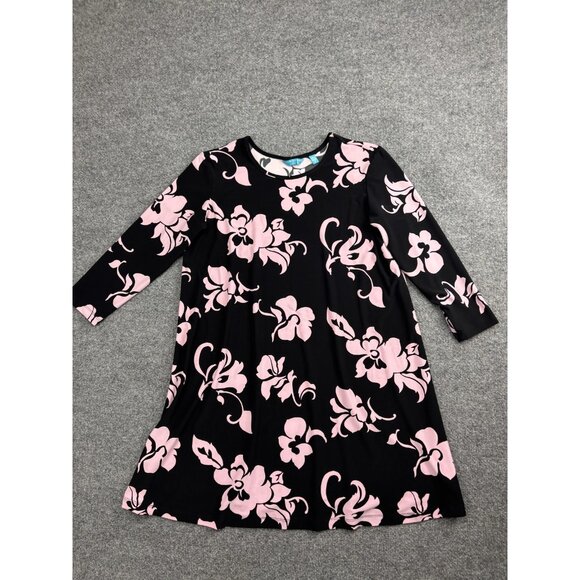 Tori Richard Dress Womens Small Black Pink Hibiscus 3/4 Sleeve A-Line Made USA - Picture 1 of 7